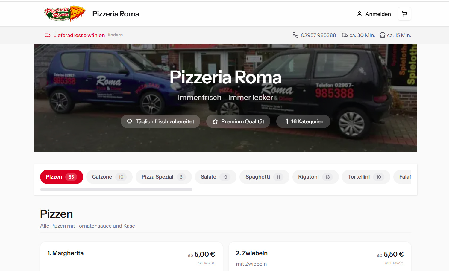 Website und Online-Bestellsystem der Pizzeria Roma